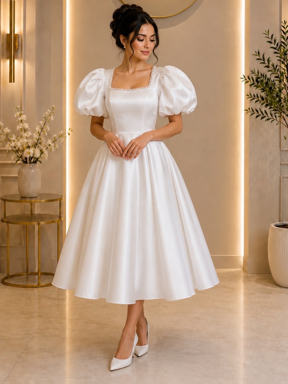 Classic Ivory Satin Puff Sleeve Bridal Dress with Beaded Square Neck